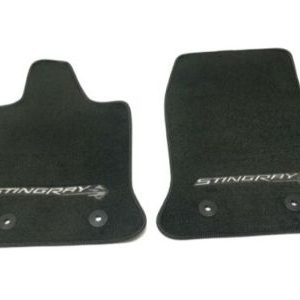 GM First-Row Premium Carpeted Floor Mats in Jet Black with Gray Stitching and Stingray Script 23476284